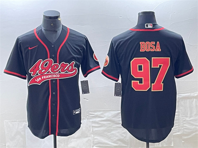 Men's San Francisco 49ers #97 Nick Bosa Black With Patch Cool Base Stitched Baseball Jersey Men's San Francisco 49ers #97 Nick Bosa Black With Patch Cool Base Stitched Baseball Jersey